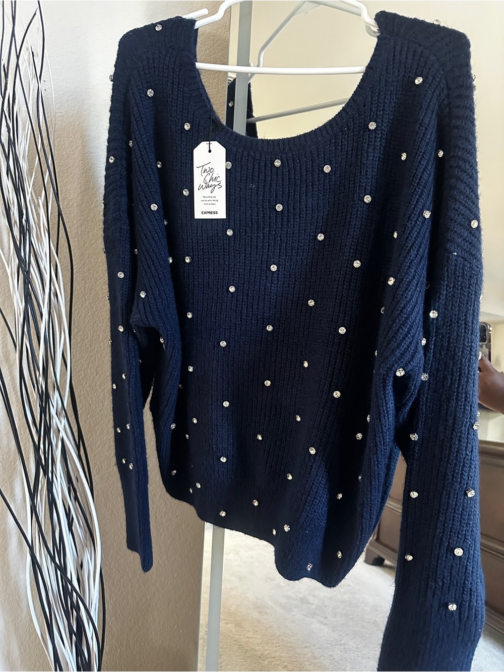 Express Navy Crewneck Sweater with Rhinestone Studs